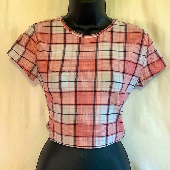 Faded Rose Pink Plaid Exposed Elastic Back Tee M - Picture 2 of 8